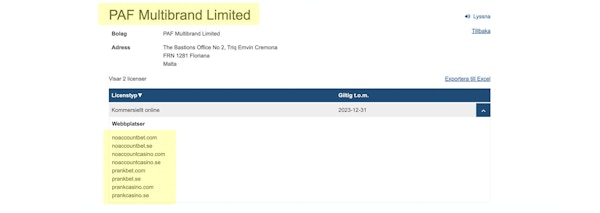 Exempel på utdrag ur Spelinspektionens licensregister